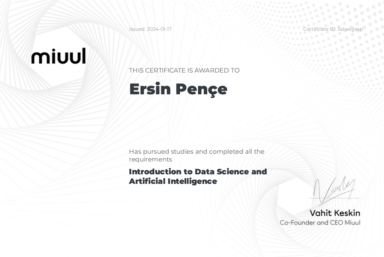 MIUUL-Introduction to Data Science and Artificial Intelligence